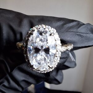 4ctw Rhodium Over 925 Sterling Silver Oval Halo Size 9 Moissanite Ring